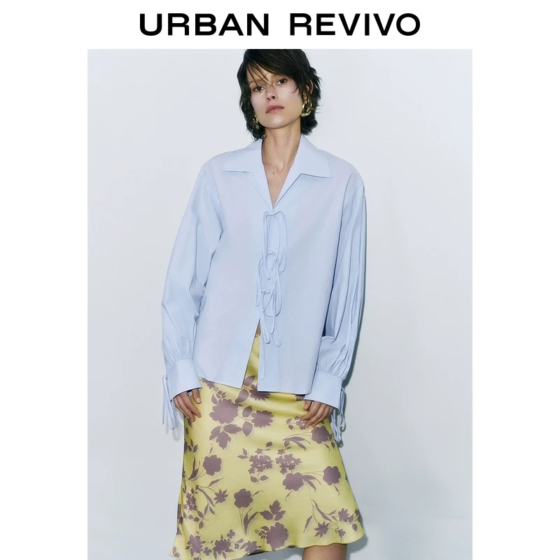 UR2025夏季新款女装通勤百搭多系带长袖开襟衬衫UWG250103