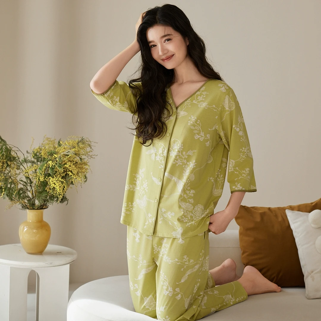 秋鹿超柔软莫代尔睡衣女2025春季新款V领七分袖九分裤家居服套装