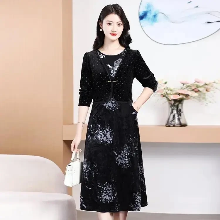中老年女装气质显瘦时尚修身40-50岁长袖大码中长款连衣裙妈妈装