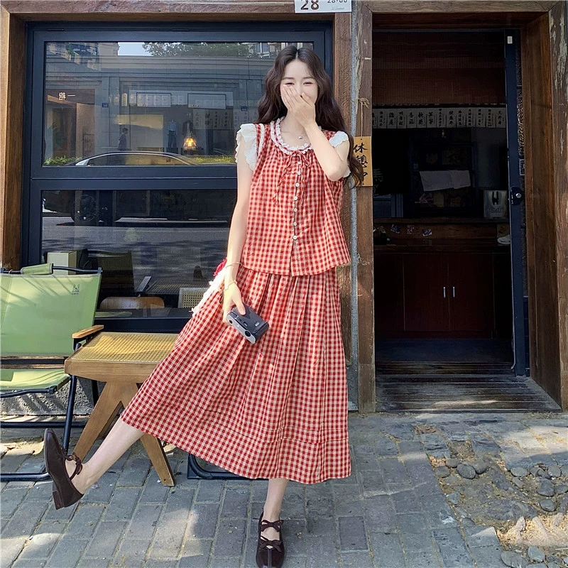 文艺超甜美套装绝美飞飞袖格纹背心衬衫上衣撞色半身裙女夏一整套