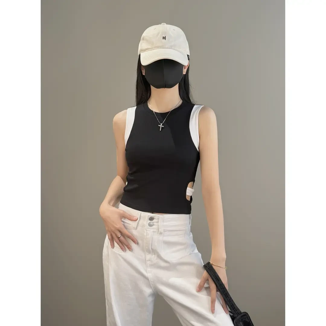 假两件吊带背心女修身设计感个性掐腰镂空拼色圆领内搭上衣打底棉