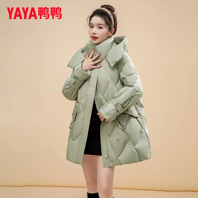 YAYA/鸭鸭羽绒服女中长款2024冬季新款时尚潮流百搭立领外套女