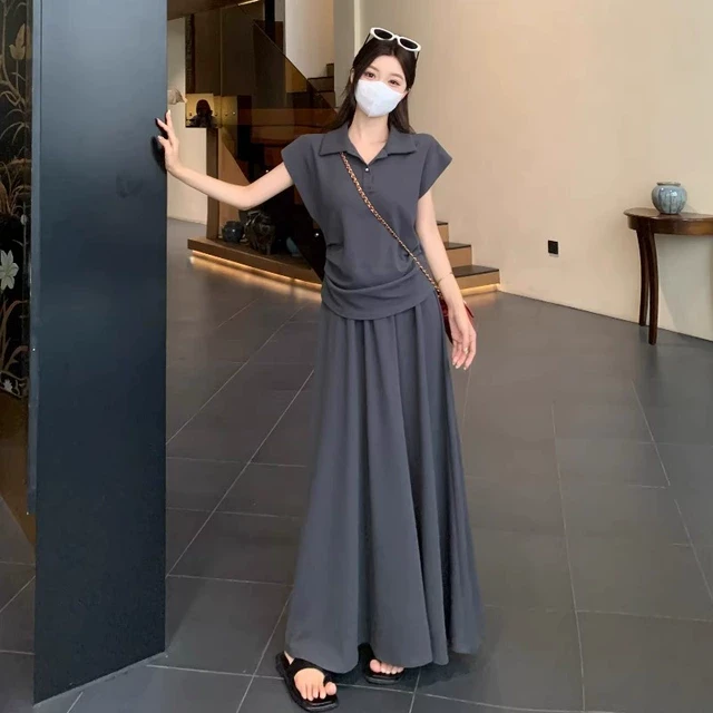 大码微胖mm套装女夏POLO领无袖坎肩褶皱上衣女高腰半身长裙两件套