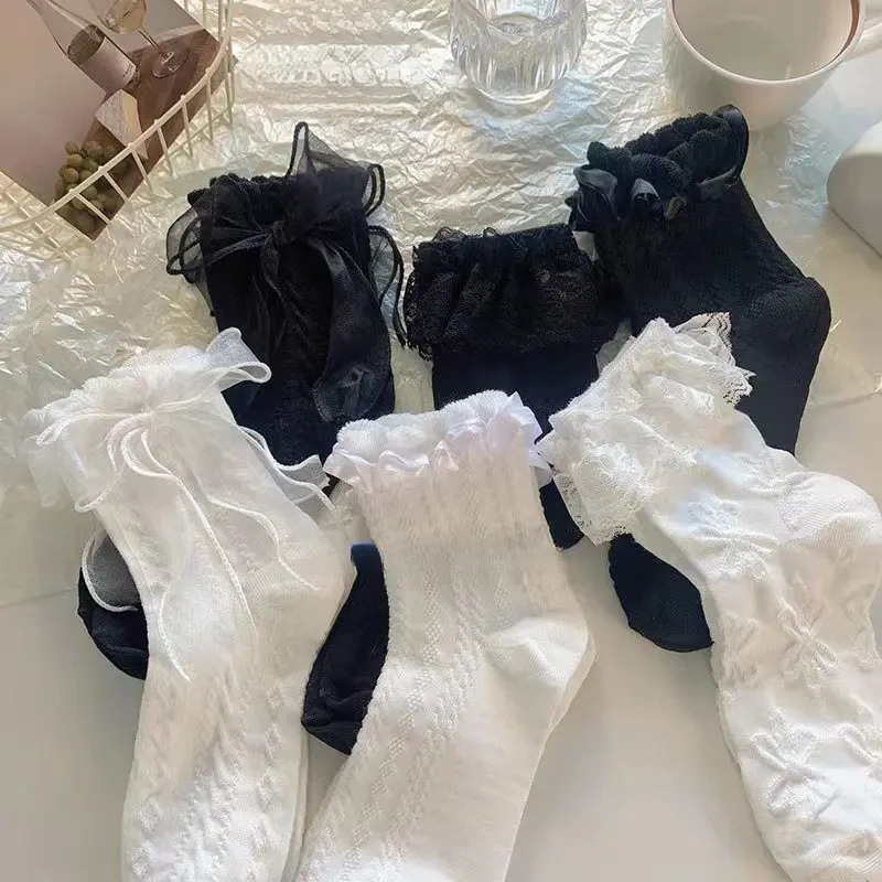 Lolita日系白色蝴蝶结花边袜子女春夏新款中筒袜蕾丝花边公主袜