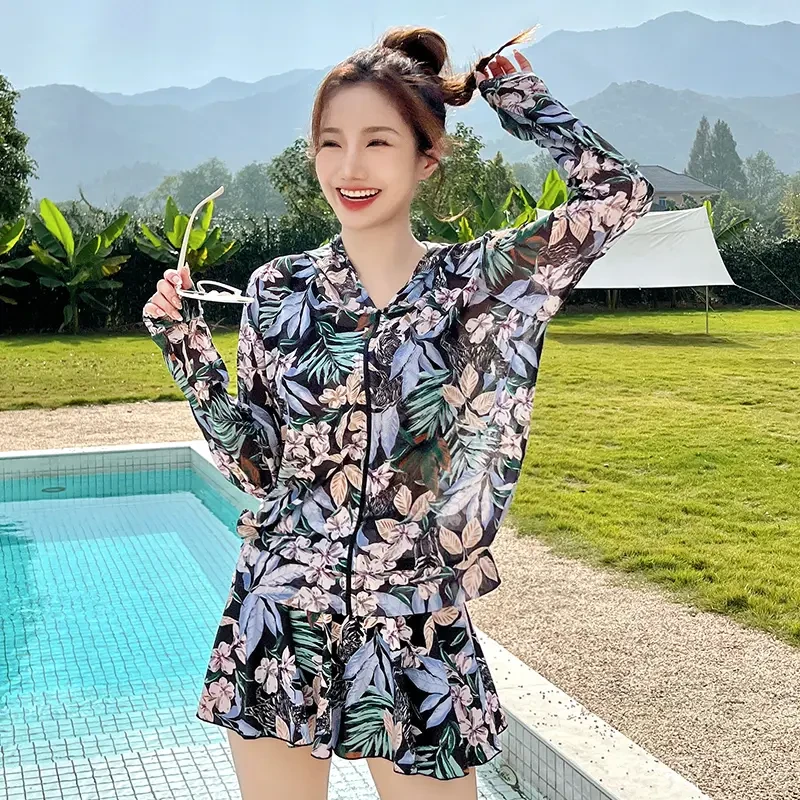 游泳泳衣女三件套分体显瘦遮肚泡温泉长袖防晒罩衫宽松保守泳装