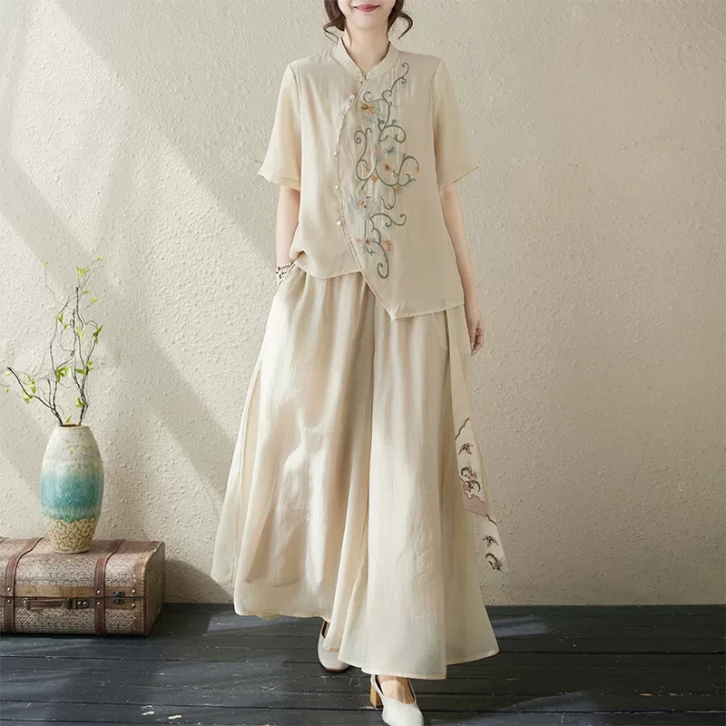 新中式国风套装女士2025夏季新款妈妈洋气时尚休闲棉麻上衣两件套