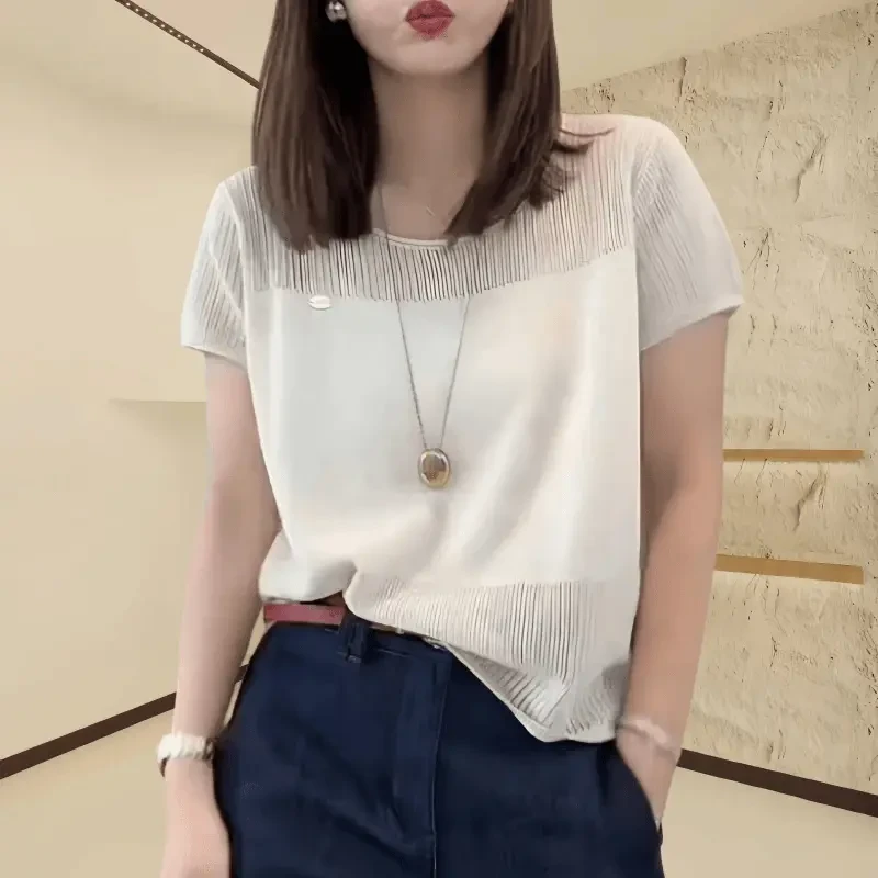 极简风针织T恤上衣镂空正肩短袖新款毛针织衫女25夏季薄款9192
