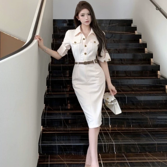 polo领长袖衬衫连衣裙女春季复古气质收腰修身紧身中长款包臀裙子