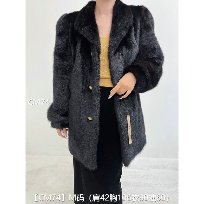 【CM74】M码 红黑色全抽中长款貂皮大衣皮草外套 翻领泡泡袖