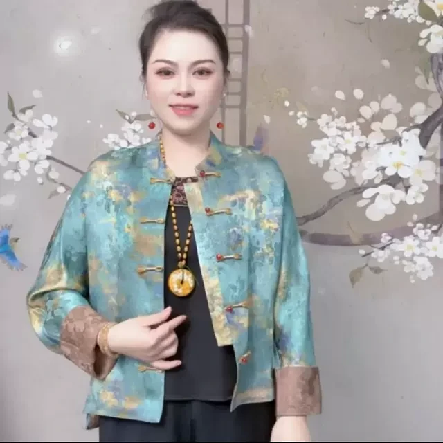 两面穿国风立领短外套女宽松复古提花真丝春秋上衣气质妈妈装开衫