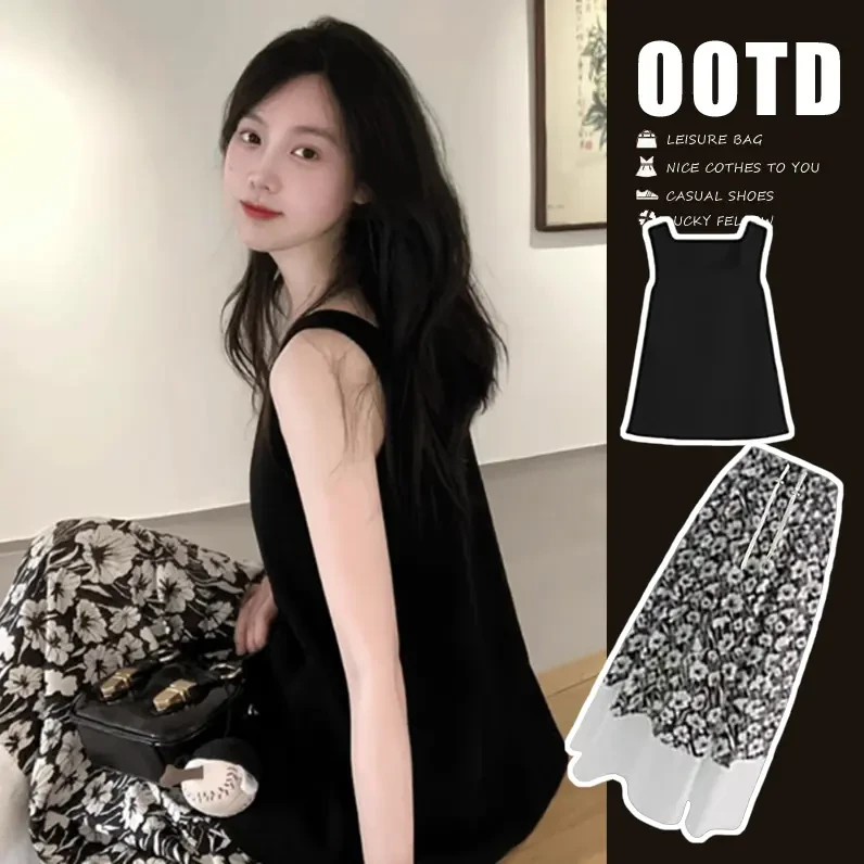 减龄孕妇装夏装套装外出显瘦黑色赫本风上衣搭配复古碎花半身裙女