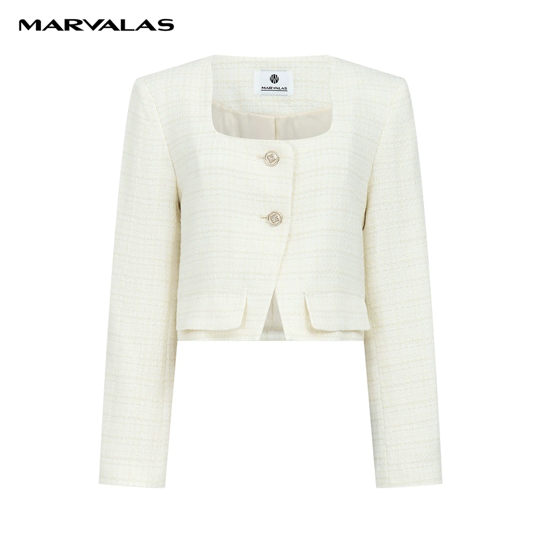 【羊羊专属】曼德诗方领短外套2024春装新款小香风羊毛花呢上衣女