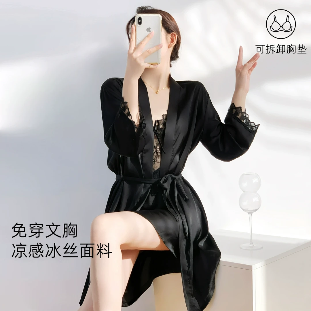 吊带睡裙春秋性感冰丝睡衣纯欲风女黑色带胸垫夏季睡袍2025新款夏