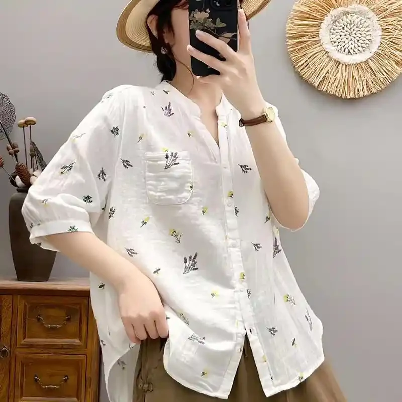 夏季双层棉纱碎花衬衫减龄大码中袖衬衣时尚减龄休闲上衣女装6541