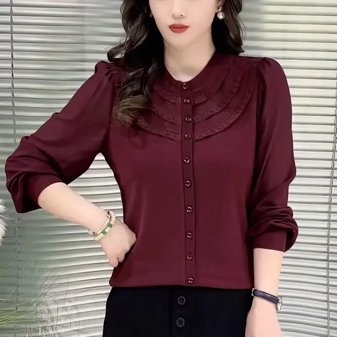 2025春季轻职风宽松型长袖T恤设计感花边圆领002#