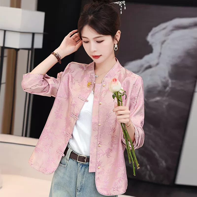 新中式国风外套女春秋高级感刺绣提花高端宋锦唐装年轻版西装上衣