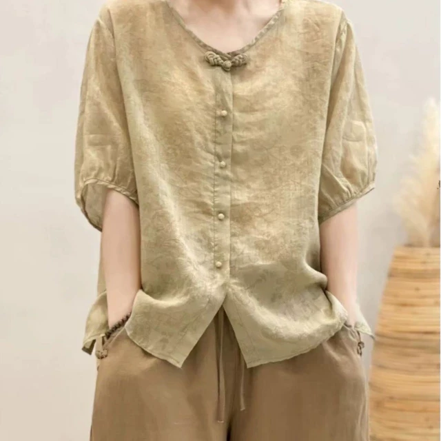 中年妈妈夏装新中式棉麻上衣女高端亚麻休闲衬衫2025新款苎麻T恤