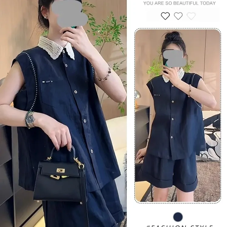 2025夏季新款蕾丝时尚套装女翻领衬衫+短裤洋气减龄显瘦两件套潮