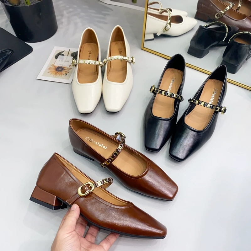 中跟链条玛丽珍单鞋高跟鞋女粗跟小皮鞋2025新款春季法式配裙子