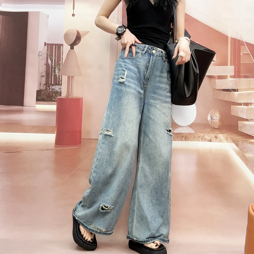 春季高腰显瘦大码百搭宽松时尚阔腿潮流水洗做旧破洞牛仔裤