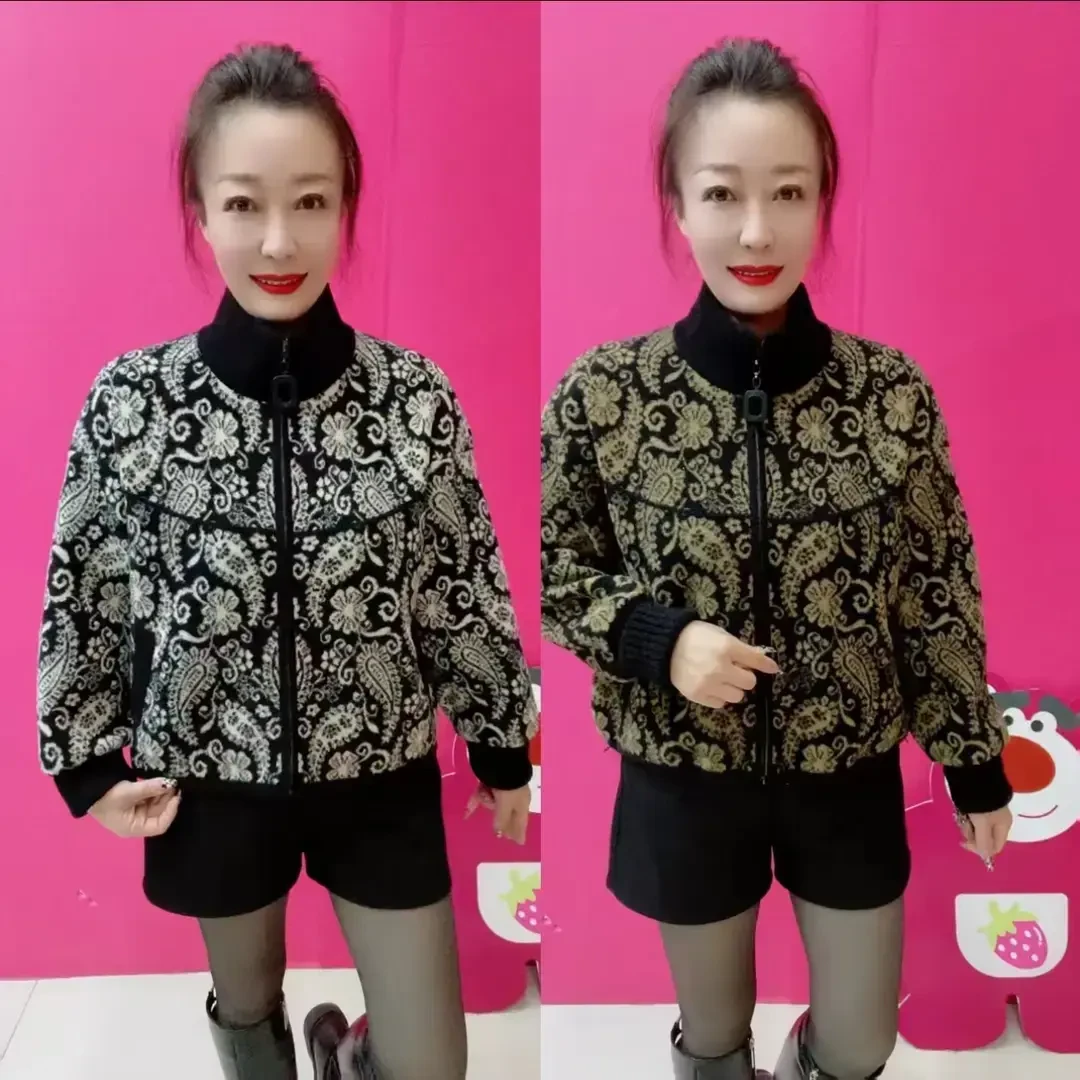 《专柜品质》秋冬季洋气时尚百搭妈妈双面绒厚拉链女腰果花短外套Z