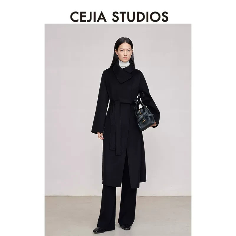 CEJIA高端羊毛双面呢大衣女长款黑色老钱风优雅毛呢外套24冬新款