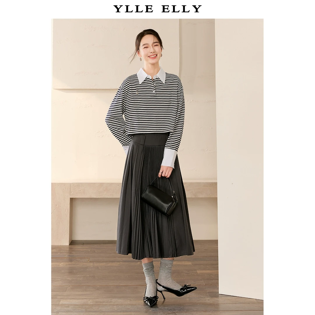 半身裙女2025春新款时尚百搭高腰显瘦a字裙百褶大摆Y207308156