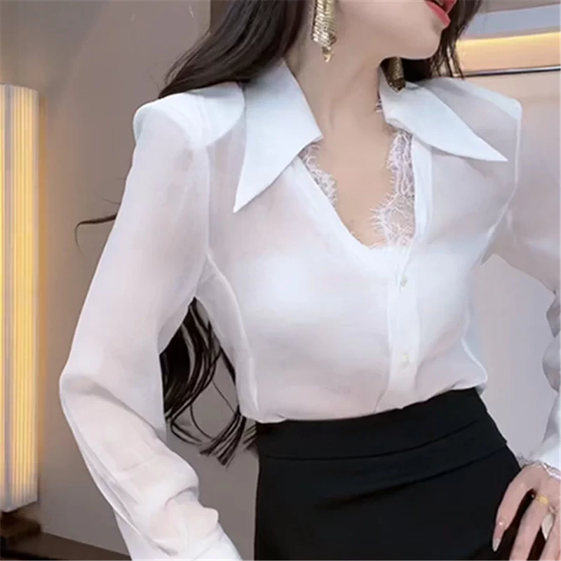 2025小性感透视蕾丝拼接白色雪纺衬衫女气质长袖春夏季洋气衬衣潮