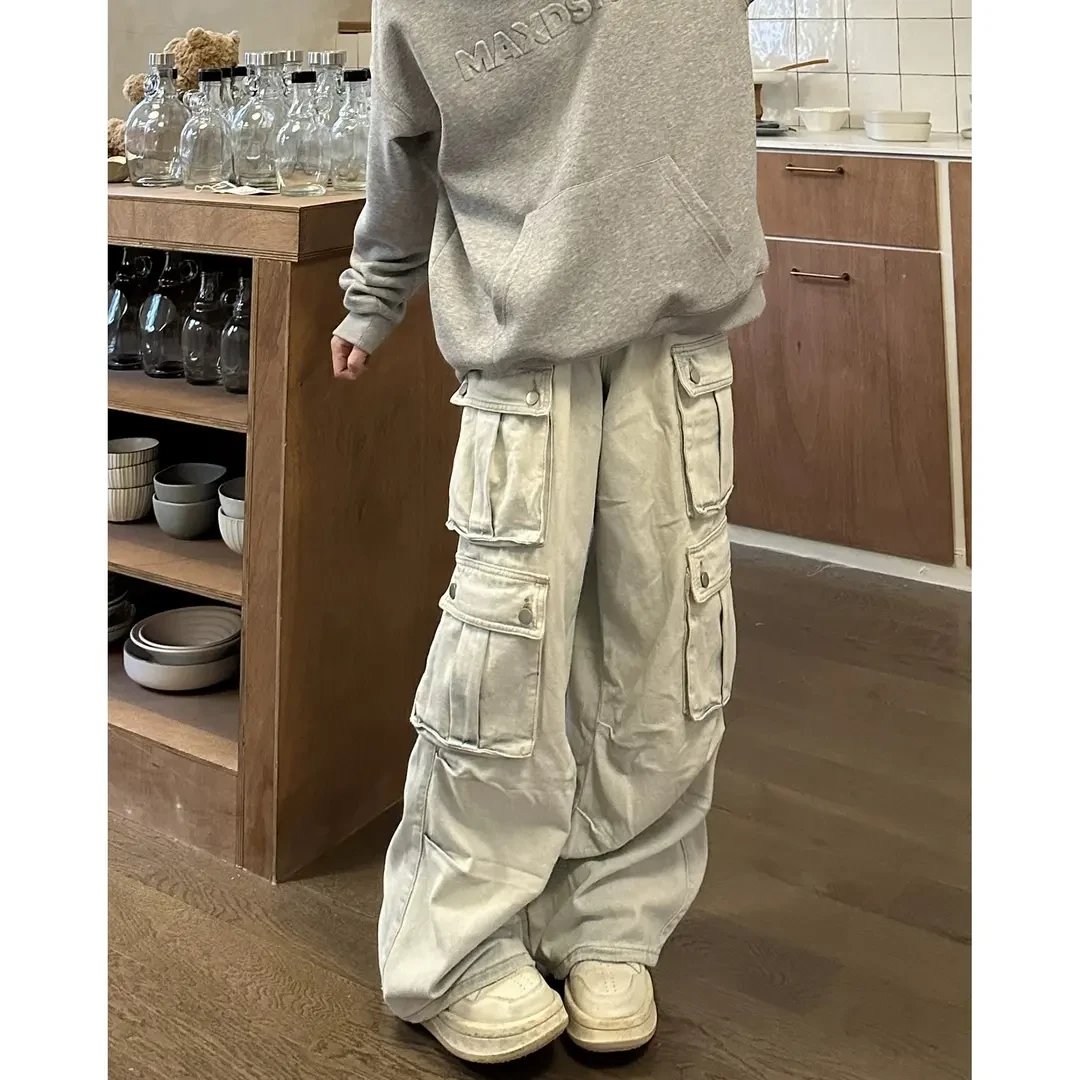 新款小众美式复古阔腿工装裤废土风男女小众直筒裤潮多口袋牛仔裤