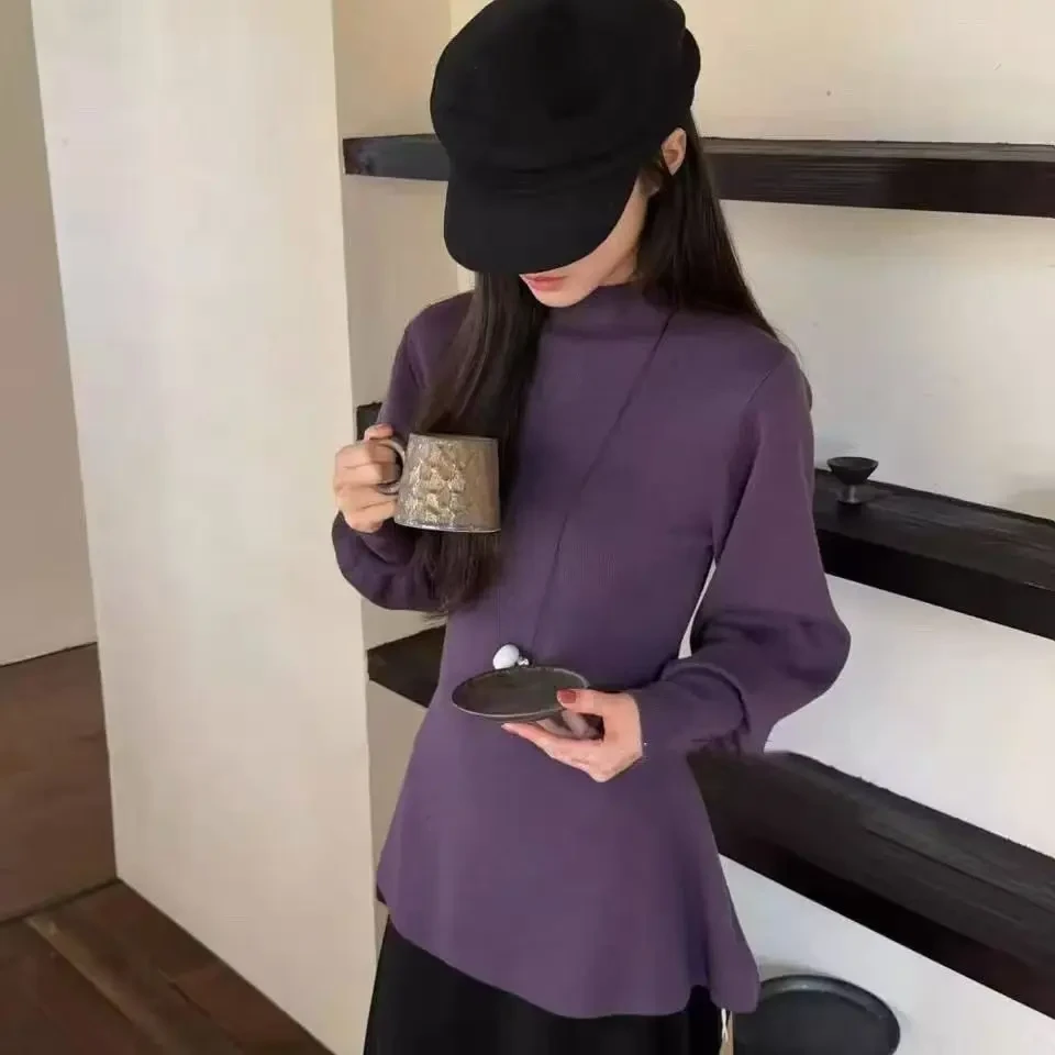秋冬季韩系半高领收腰显瘦针织衫女气质通勤灯笼袖修身打底上衣