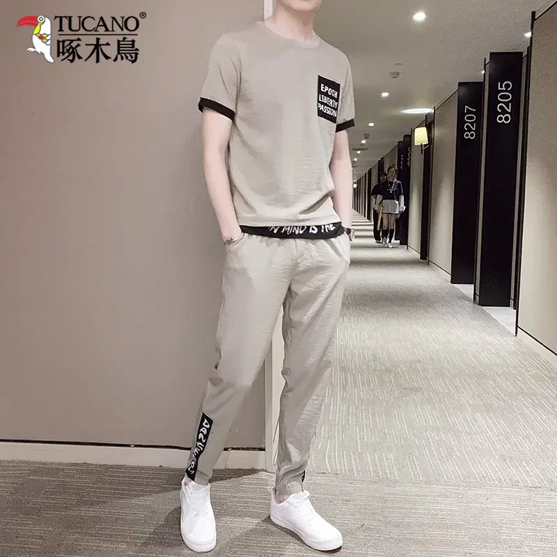 啄木鸟男士T恤套装夏季新款休闲冰丝潮牌薄款速干短袖运棉质