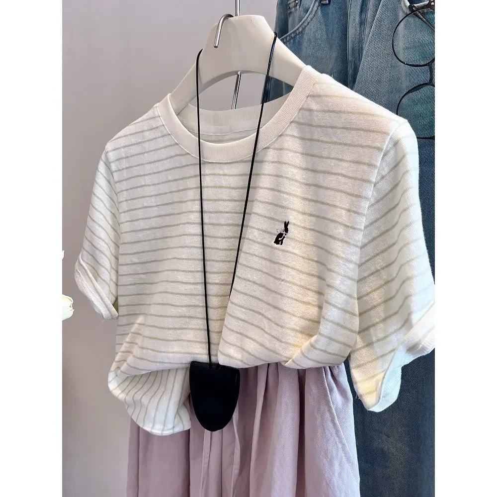 特大码胖妹妹220斤条纹刺绣兔子短袖T恤女上衣夏宽松显瘦半袖甜美