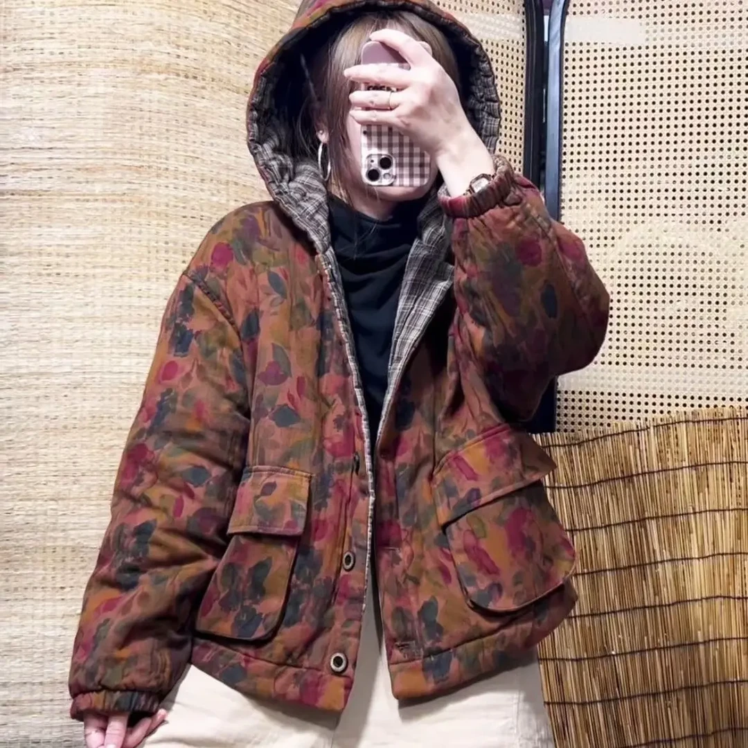 秋冬加厚双面穿连帽时尚百搭休闲棉服