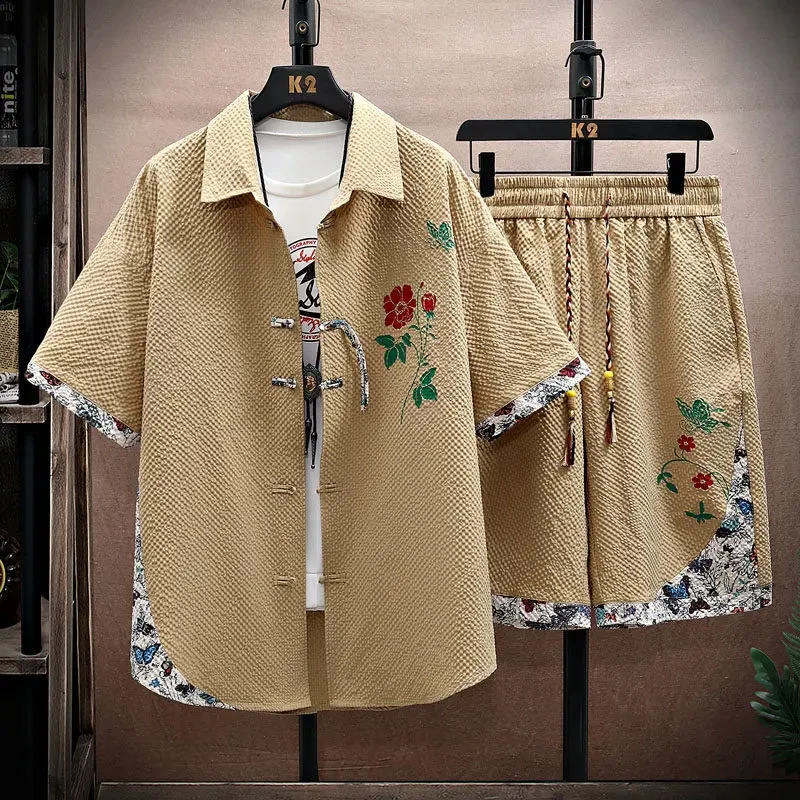 新中式中国风休闲衬衫套装男夏季潮牌冰丝短袖短裤国潮痞帅两件套