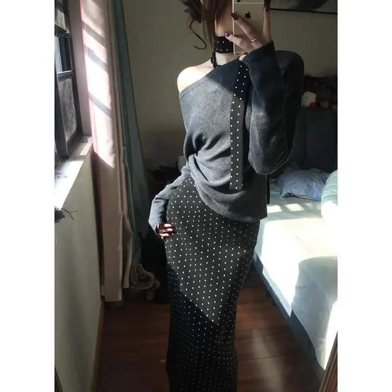 黑色波点包臀裙a字半身裙女春秋新款小个子高腰长裙复古气质半裙