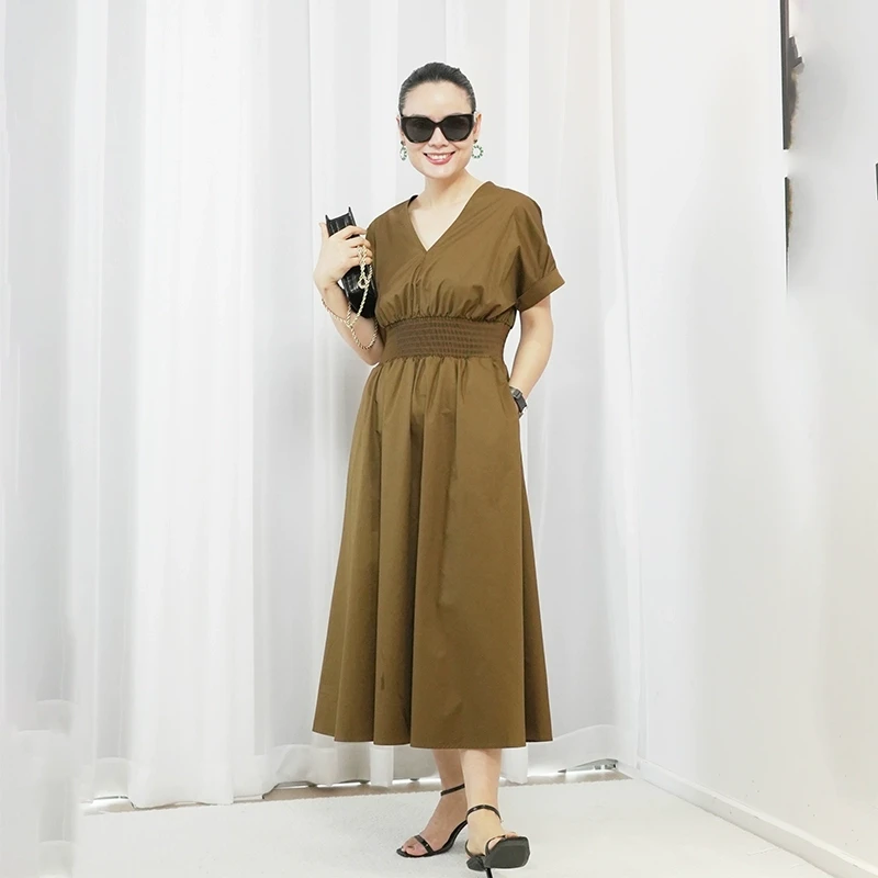 JADE SHADW/翡翠影原创设计纯棉V领短袖松紧腰A字大摆连衣裙T1813