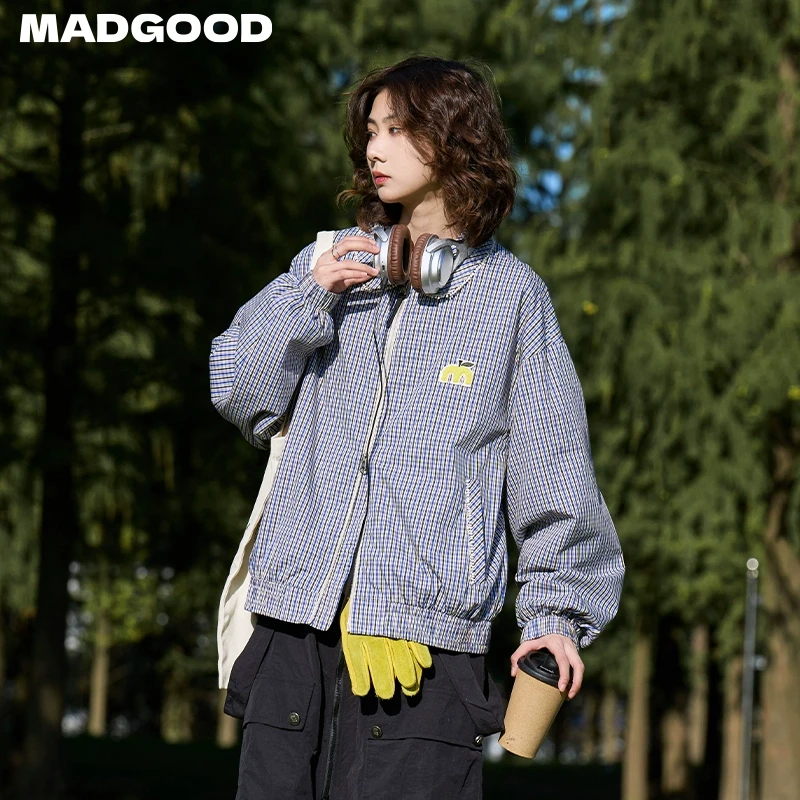 马得工地madgood日系春季宽松流苏翻领格子夹克外套MDGDWT251063