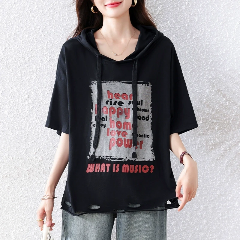 设计感破洞印花t恤女士2025夏季时尚减龄百搭显瘦超好看连帽上衣