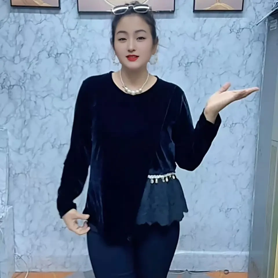 秋季爆款韩版时尚丝绒拼接设计感大码女装胖mm气质上衣