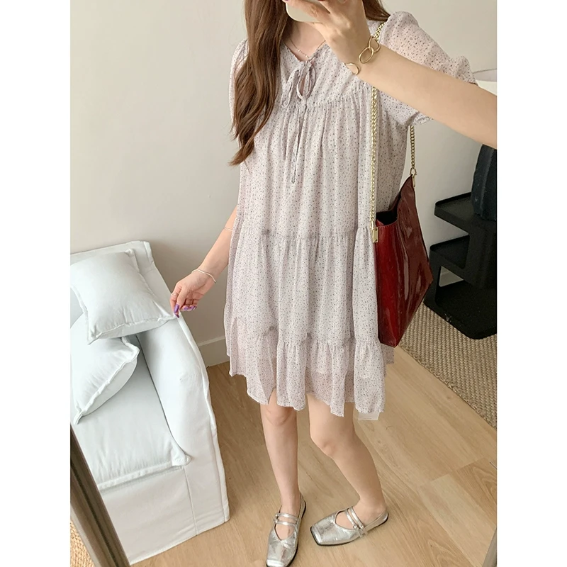 意法夏季新法式复古百搭收腰显瘦碎花连衣裙N3437