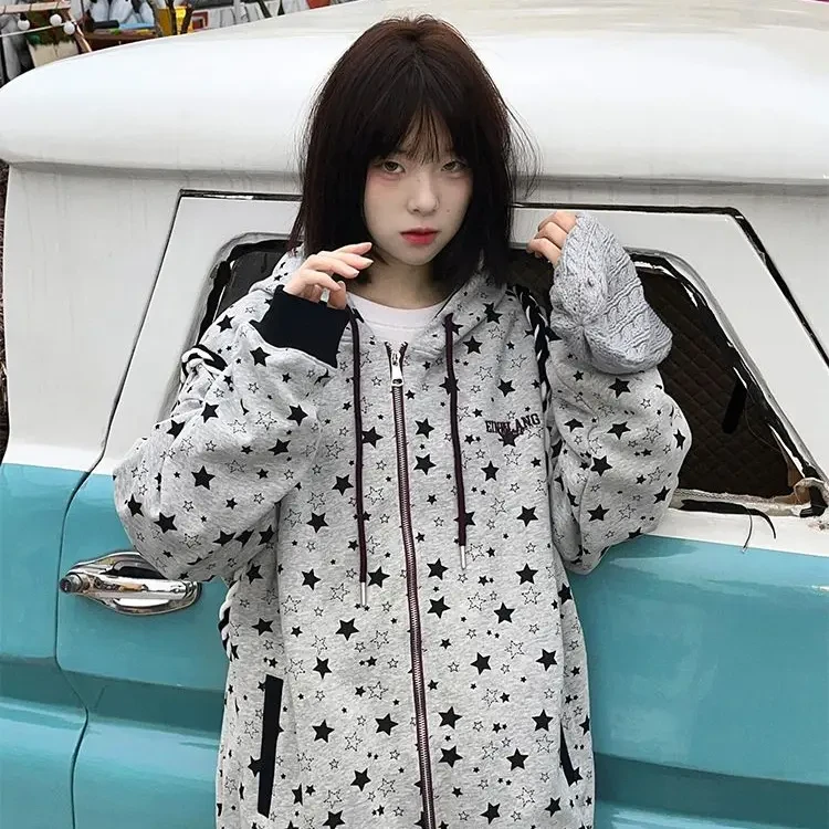 大码春秋新款宽松美式复古时尚卡通连帽星星女慵懒风oversize卫衣