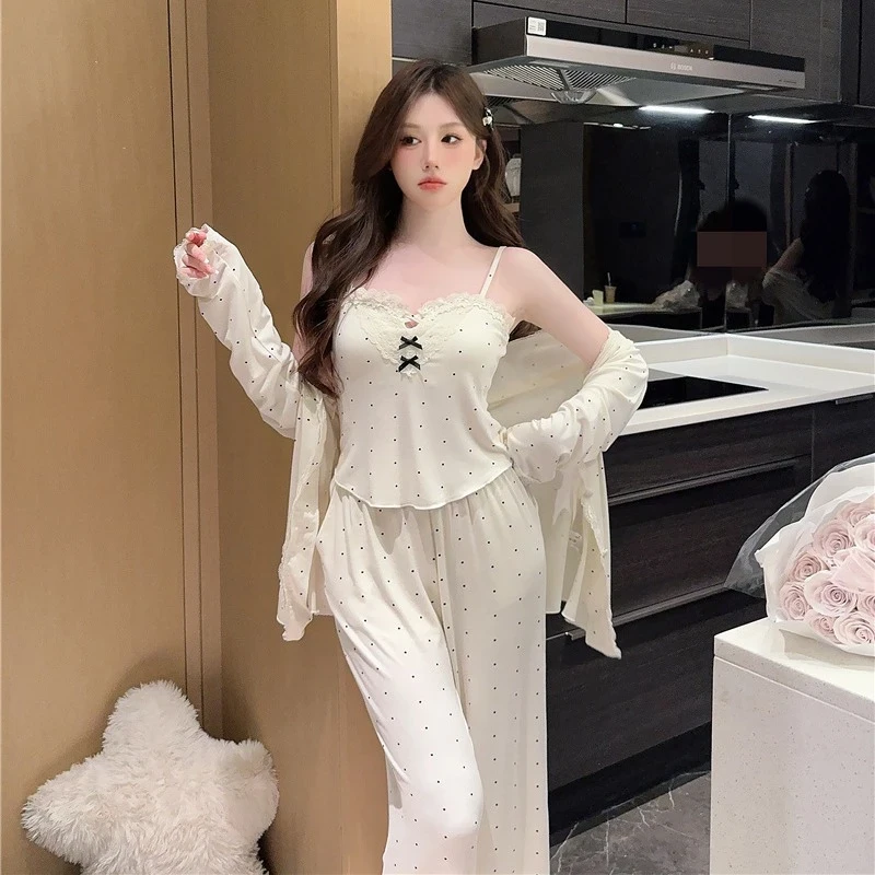 春秋款睡衣女莫代尔棉新款波点性感甜美带胸垫吊带家居服三件套装