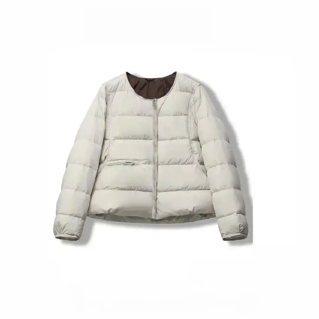 羽绒服女2025冬季新款简约复古风包边圆领轻薄短款白鸭绒宽松外套