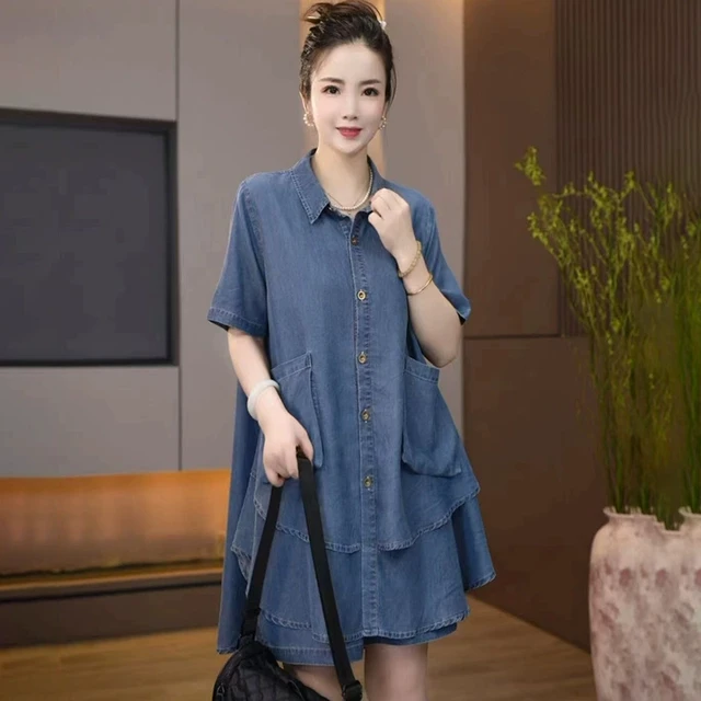 L-868牛仔夏季新款衬衫套装女短袖韩版宽松显瘦中长款休闲套装