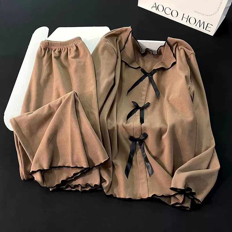 德绒睡衣女秋冬季加厚保暖简约棕色蝴蝶结舒适可外穿家居服两件套