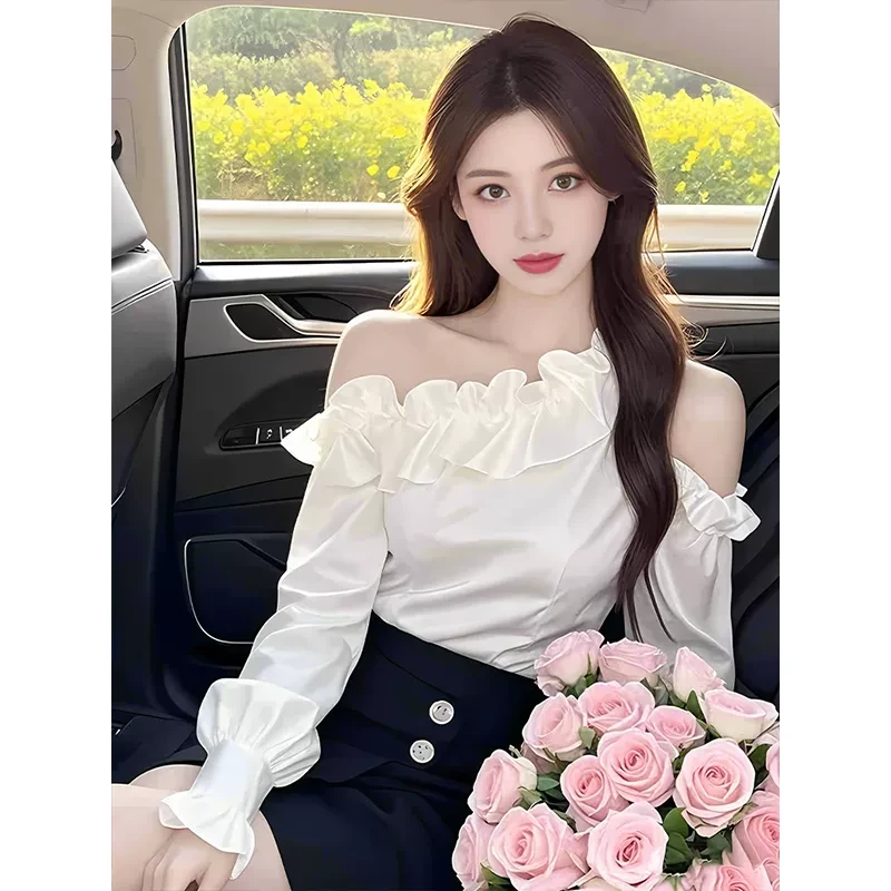高级感醋酸缎面衬衫女春季2025新款超好看独特漂亮荷叶边露肩上衣