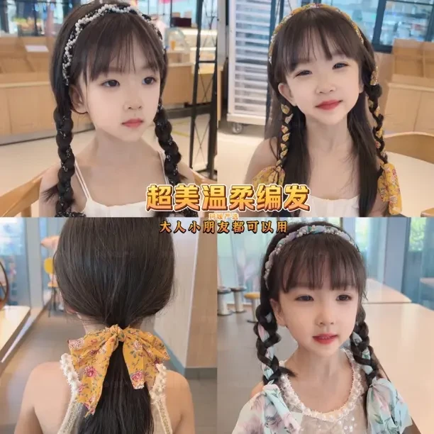 夏季新款碎花飘带发箍一体女日常外戴系带编发丝带头饰