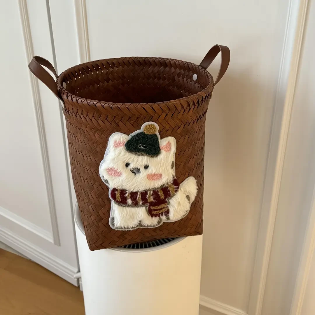 可爱长毛小狗加大圆款大容量编织脏衣篮复古高级感杂物零食收纳筐