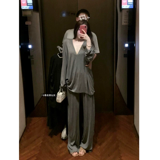 暴走高仙女高个子加长版休闲慵懒V领宽松T恤女春夏半身裙子两件套