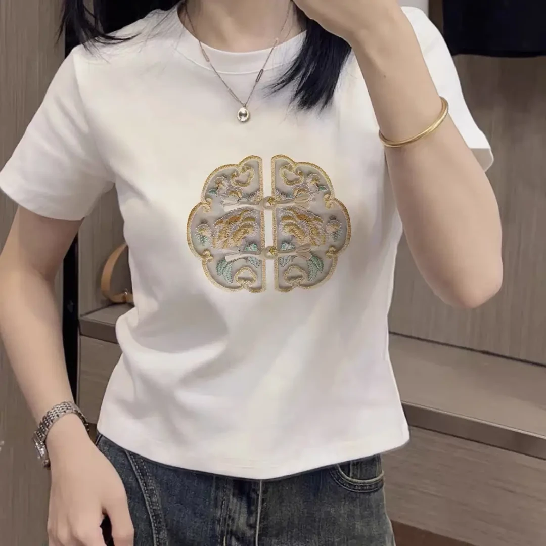 【B688】新中式国风印花短袖T恤女夏季修身收腰显瘦圆领盘扣百搭